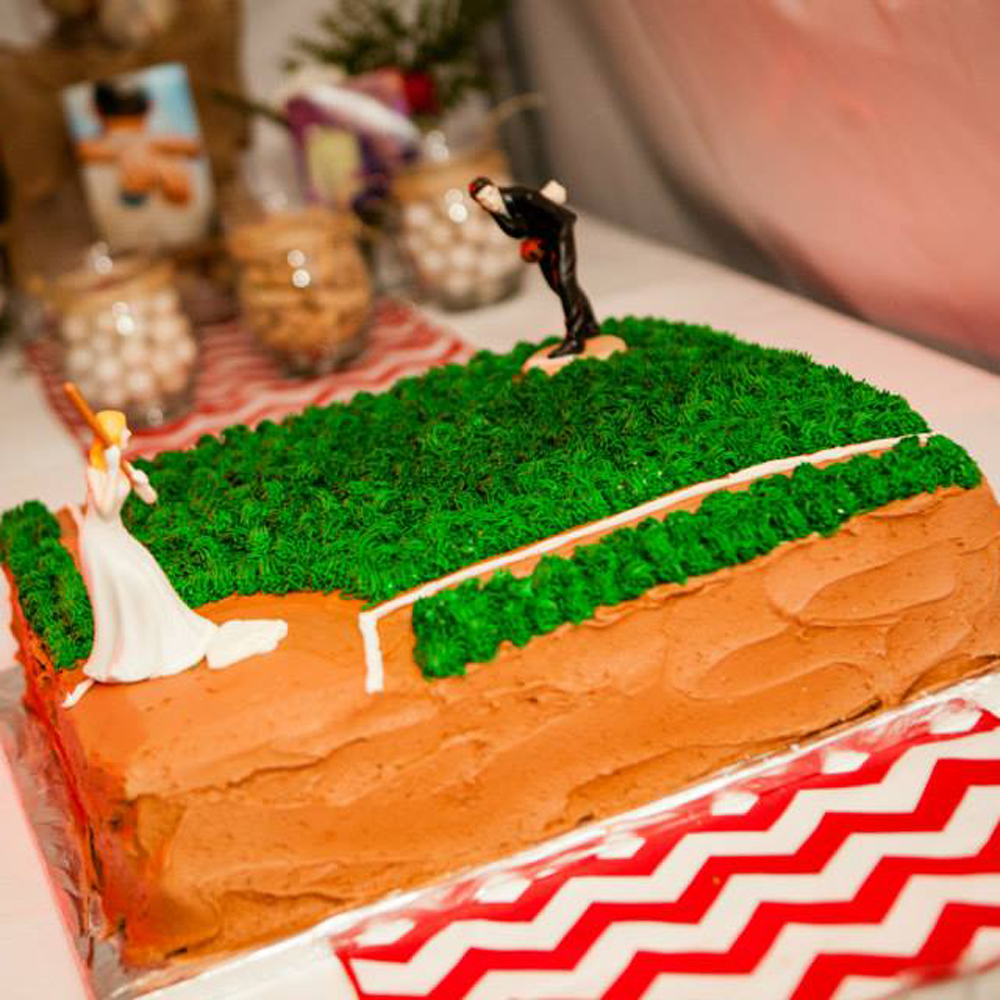 Wedding decorations featuring baseball-themed details.