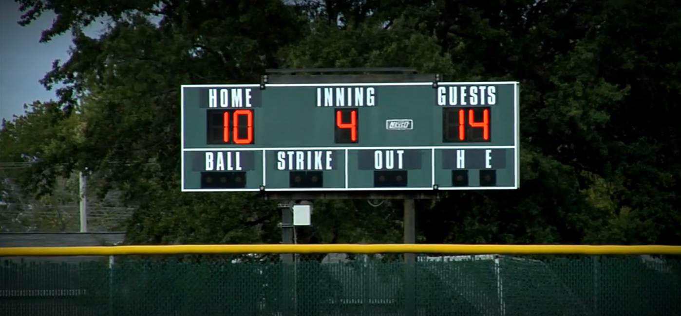 The baseball scoreboard displaying the wedding date 10-4-14.