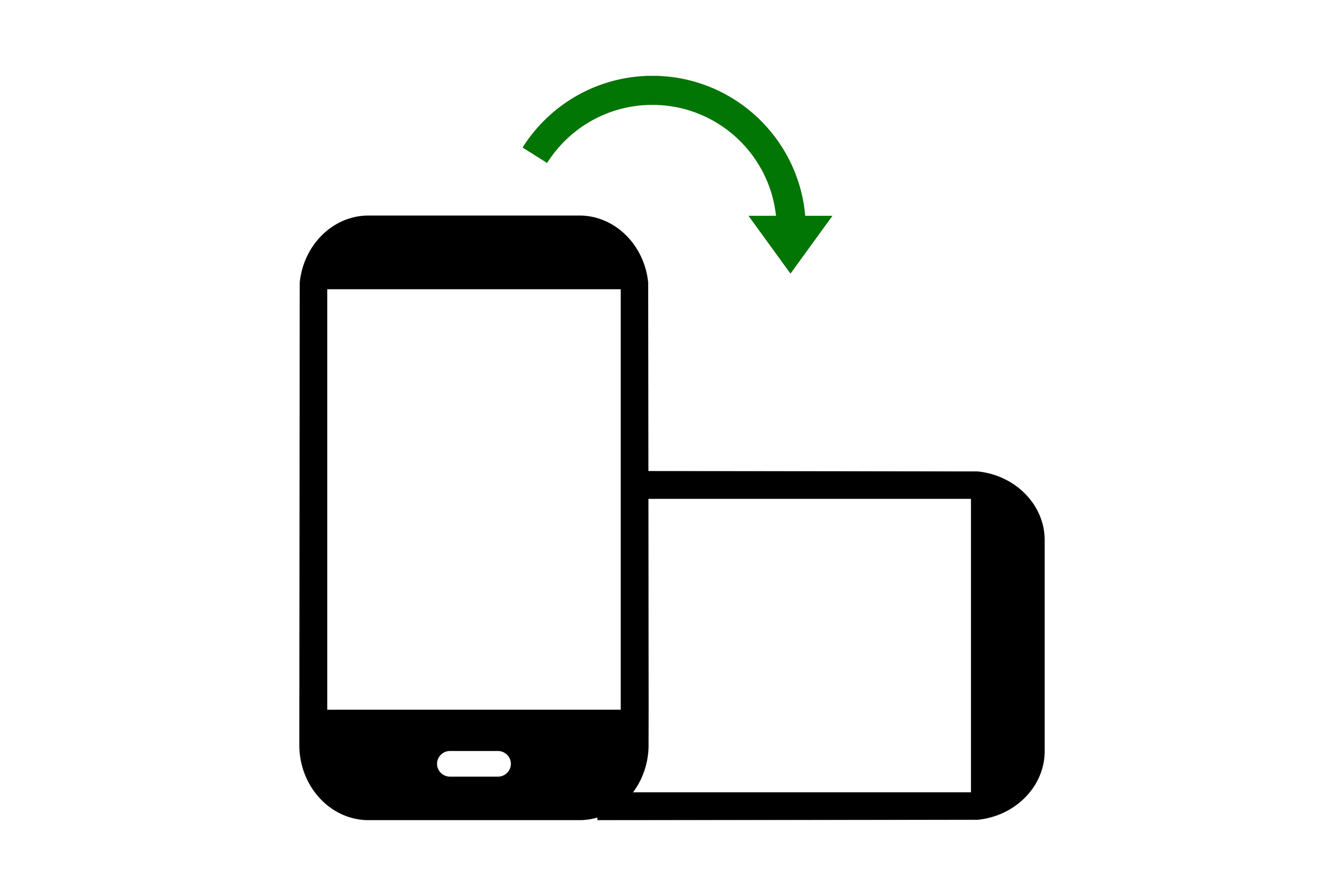 An icon showing a phone being rotated from vertical or portrait mode to horizontal or landscape mode. A green arrow simulates the motion.