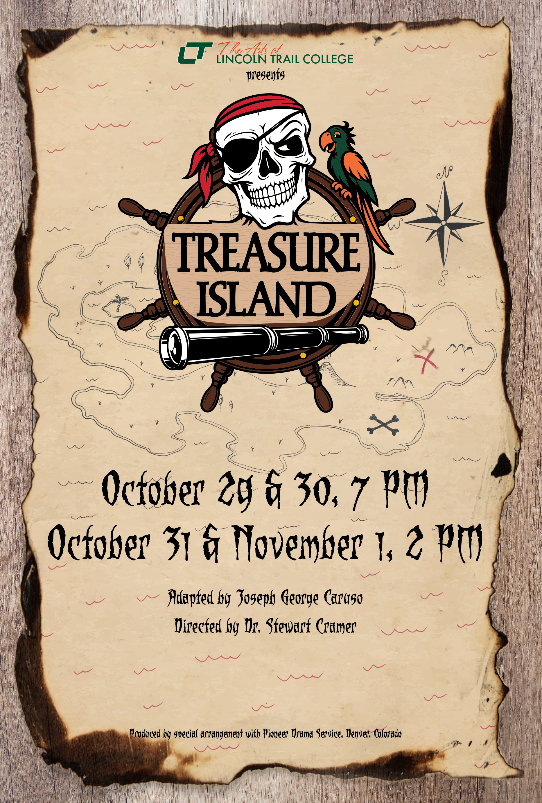 Poster for Lincoln Trail College's production of Treasure Island. A pirate skull with an eyepatch, parrot, ship's wheel and spyglass appear over an aged treasure map.