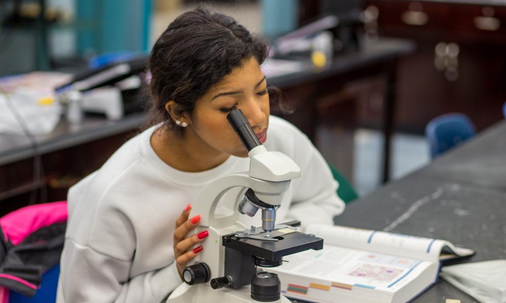 Woman studies microscope