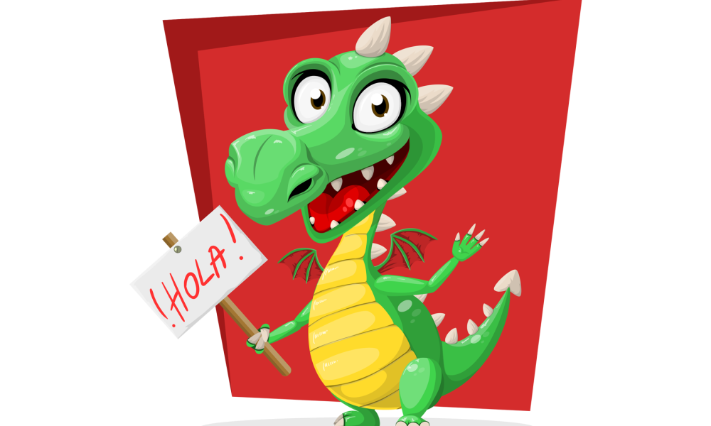 Cartoon dragon saying hola