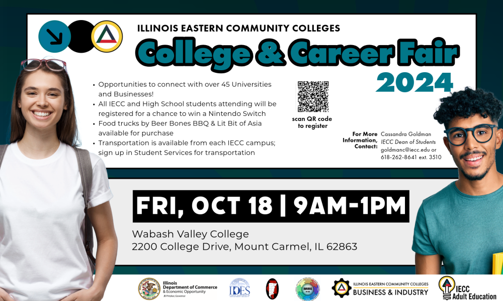 IECC College & Career Fair 2024 at WVC advertisement has image of college aged student smiling