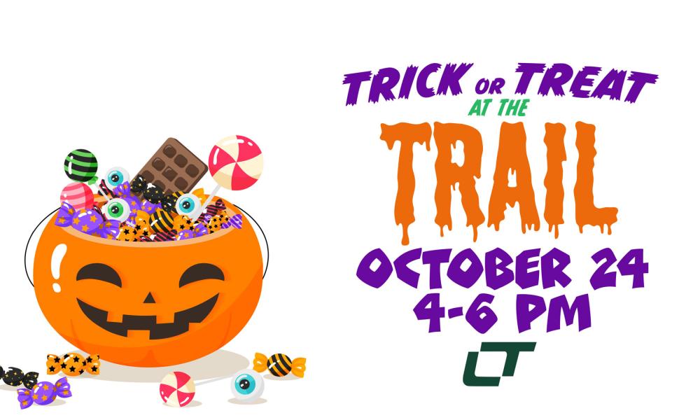 A graphic with a cartoon-styled jack-o-lantern filled with candy. The text reads "Trick or Treat at the Trail. October 24, 4-6 PM." It also features a Lincoln Trail College logo.