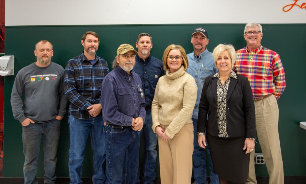 An image featuring representatives from Lincoln Trail College, Nucor Skyline, the Lincoln Trail College Foundation, and Olney Central College