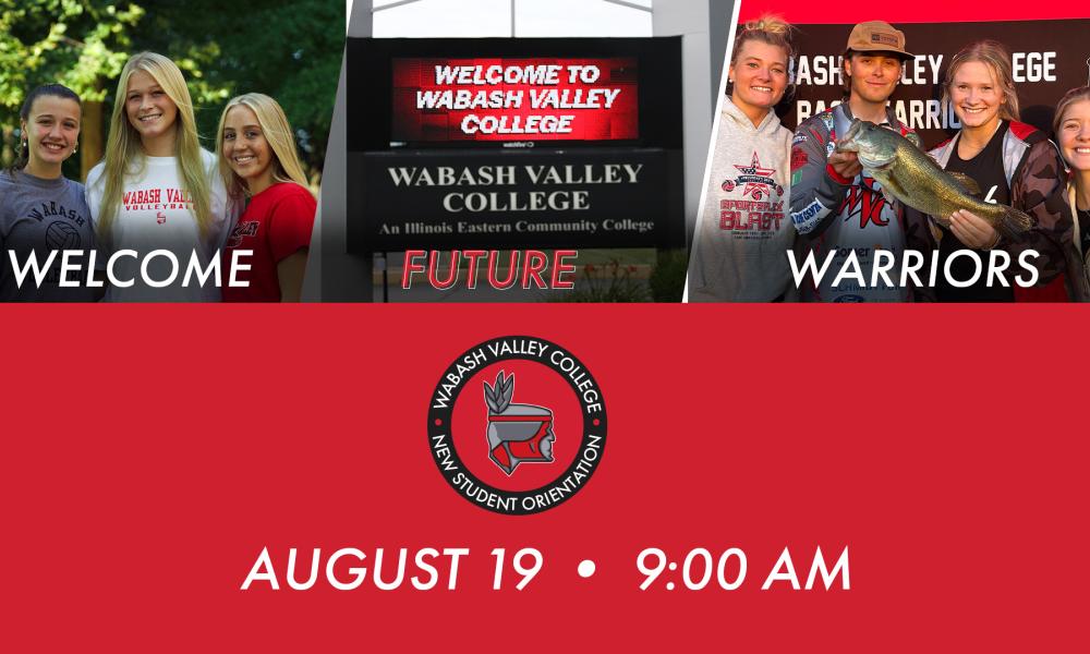 photo collage of students and the WVC Marquee along with the date and time of New Student Orientation.