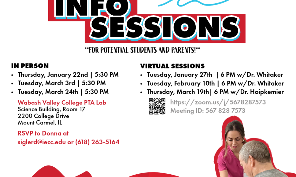 Wabash Valley College flyer for Physical Therapist Assistant info sessions with dates for in-person and virtual meetings, RSVP details, and program topics.