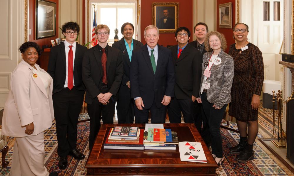 From left to right: Illinois TRIO President Mattie Payne-Mallory, OCC TRIO student Liam Ryden, WVC TRIO student Caleb Stevenson, Illinois TRIO President-Elect Rhetta Seymor, Senator Dick Durbin, FCC TRIO student Jason Nguyen, LTC TRIO student Al Crosley, WVC TRIO SSS Academic Advisor Cindy Smith, Endeleo Institute TRIO EOC-EOA President-Elect Dr. Tracy Curenton