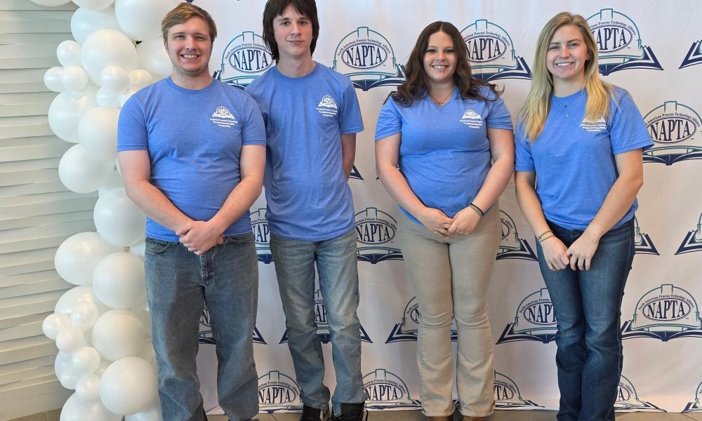 Lincoln Trail College Process Technology students Dalton Spahn, Korbin Alger, Natalie Ramsey and Hannah Potts pose for a photo during the NAPTA Troubleshooting Competition, where teams from across the country competed in process technology challenges.
