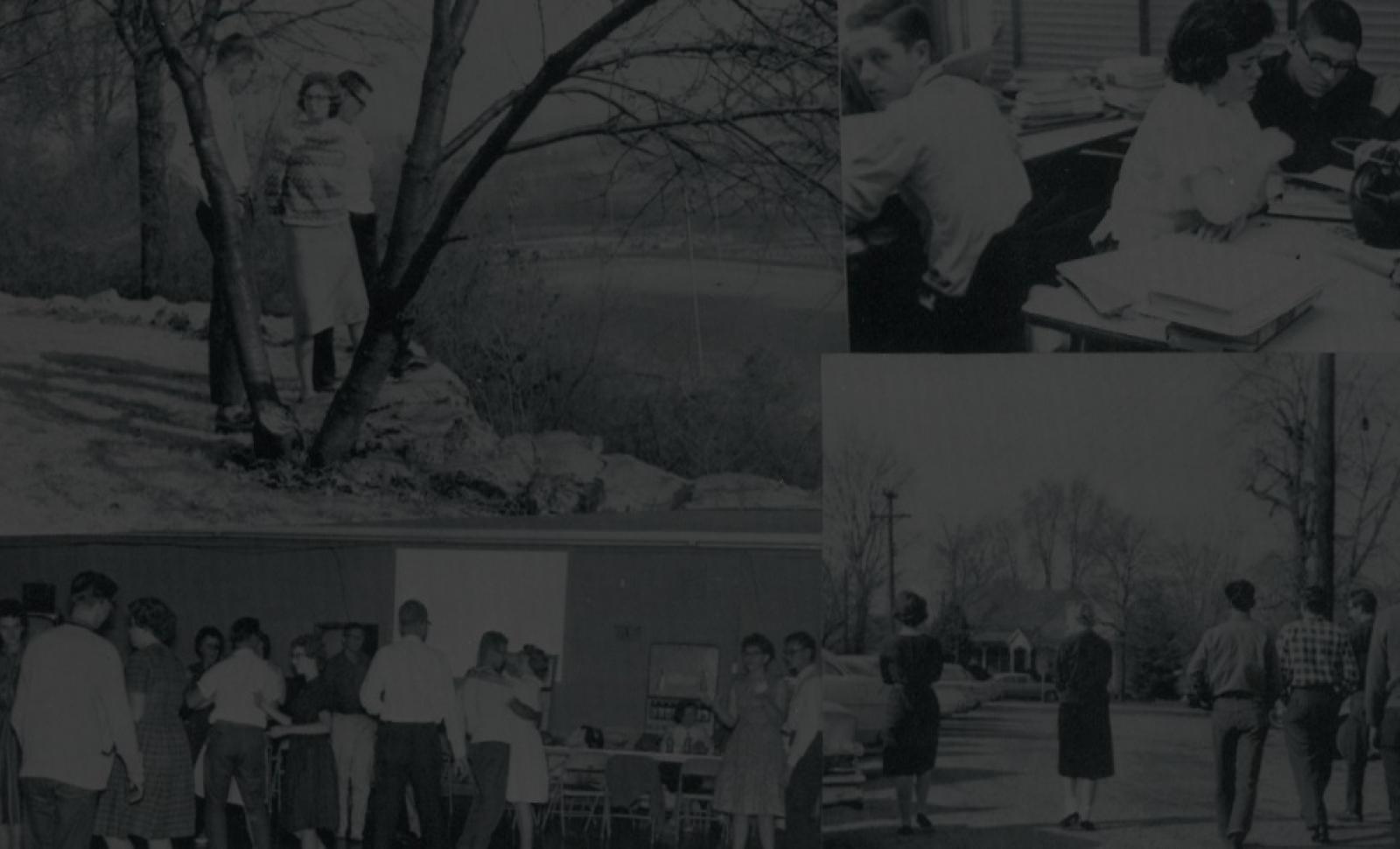 Collage of Wabash Valley College students in 1963: outdoors near trees, studying in a classroom, socializing indoors, and standing outside near parked cars.