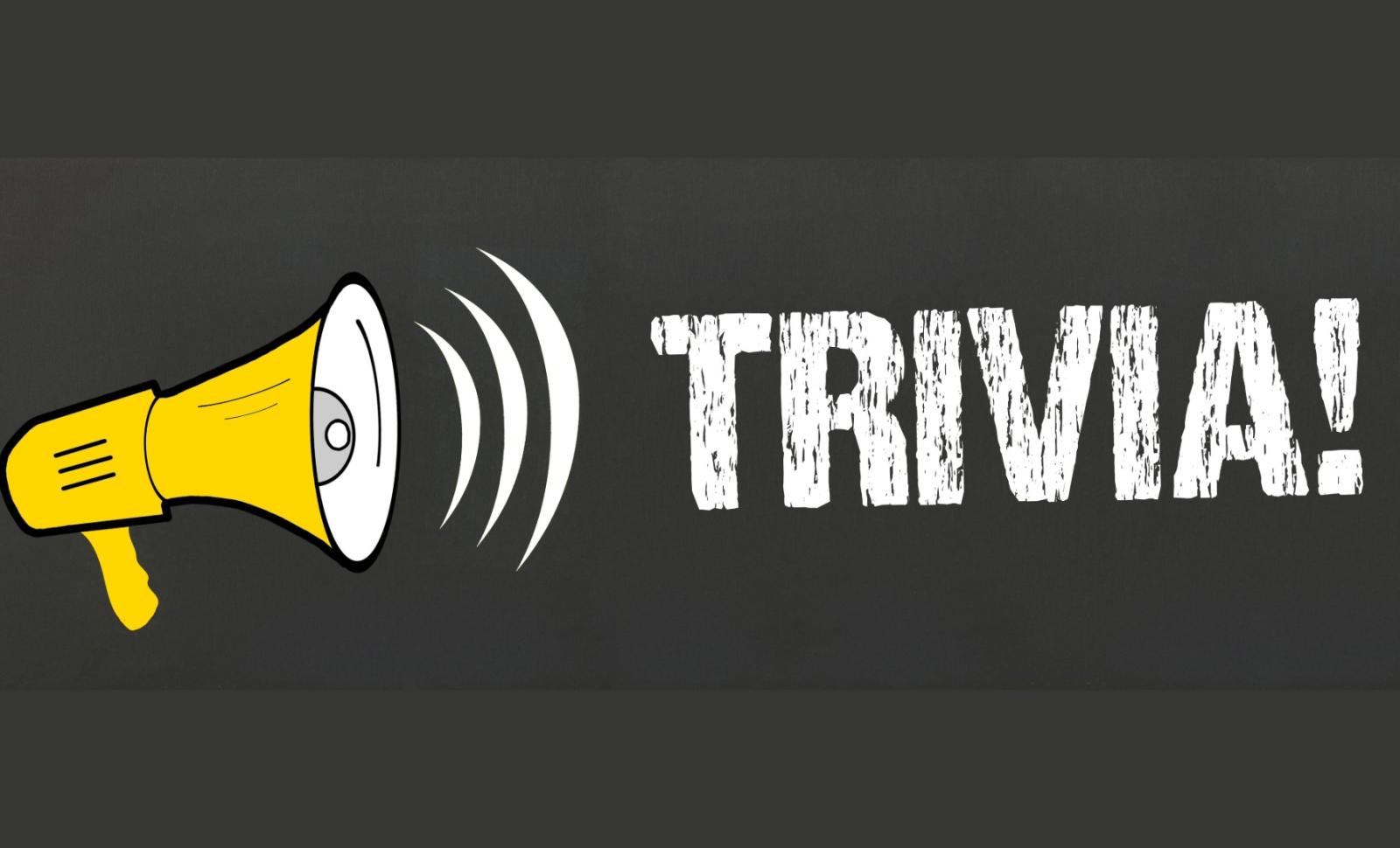 Graphic with a yellow megaphone on the left and large white text on the right that reads ‘TRIVIA!’ on a dark background.