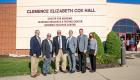 Jay Edgren, Gary Carter, Jerry Cox, Ryan Gower, Jan Ridgely, and Barbara Shimer pose in front of Clemence Elizabeth Cox Hall