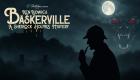 Poster artwork for Lincoln Trail College’s production of Ken Ludwig’s “Baskerville: A Sherlock Holmes Mystery.” A foggy night scene shows Sherlock Holmes in silhouette with his pipe, a glowing full moon, a shadowy castle, and the ghostly image of a snarling hound with red eyes. Gothic text announces the play title, creating an eerie and suspenseful mood.
