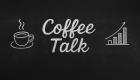 The logo for Coffee Talk. It features a black chalkboard with a white, hand-drawn cup of coffee on the left. In the center are cursive words saying Coffee Talk. On the right is a hand-drawn bar chart with an arrow.