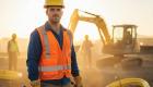 A construction worker wearing a yellow hard hat, orange safety vest, gloves and long sleeves stands at a job site. Heavy equipment and other workers are visible in the background, with coiled piping in the foreground, suggesting utility or pipeline construction work.